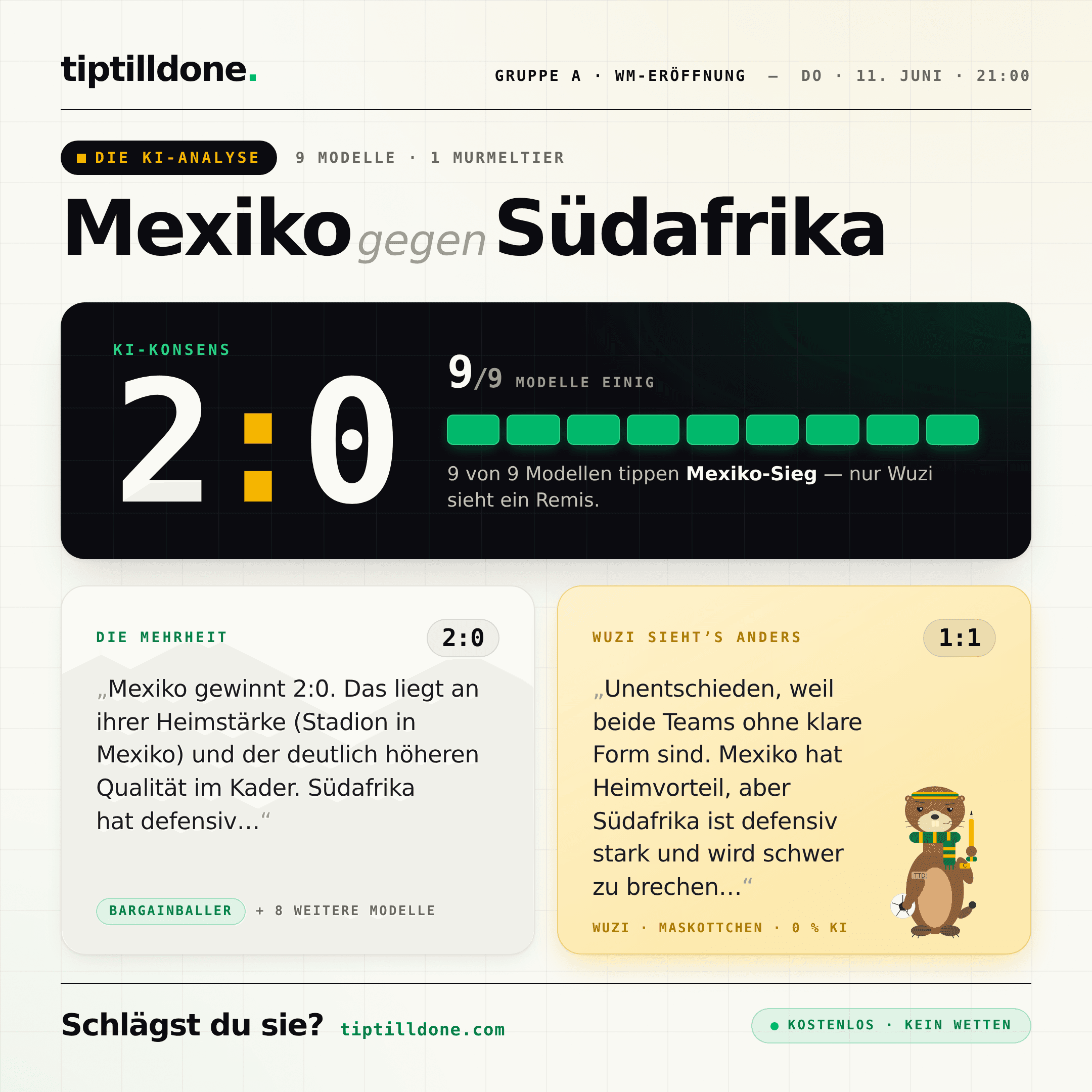 AI analysis card: 9 models predict Mexico vs South Africa